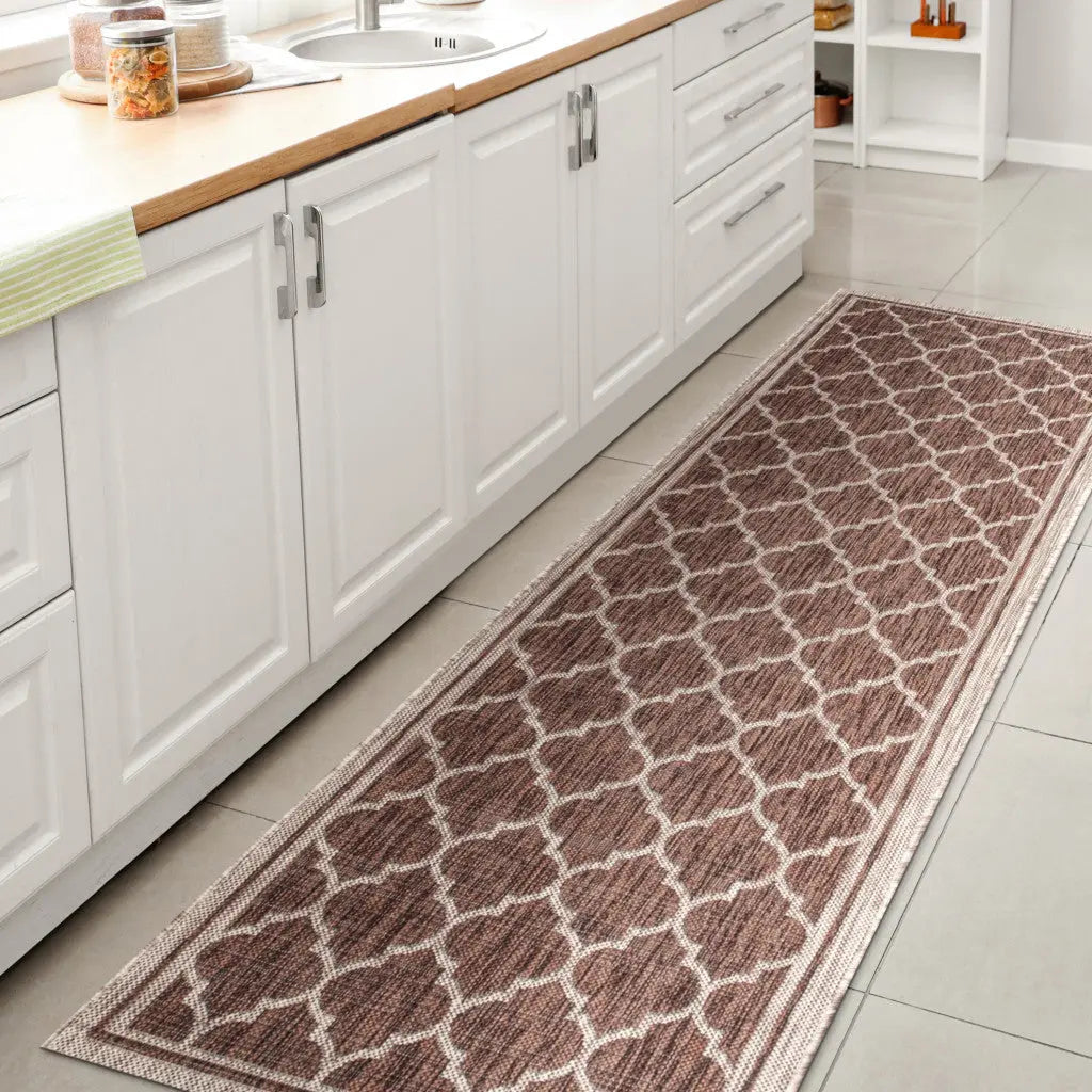 8' Espresso And Taupe Geometric Indoor Outdoor Runner Rug Homeroots Outdoor