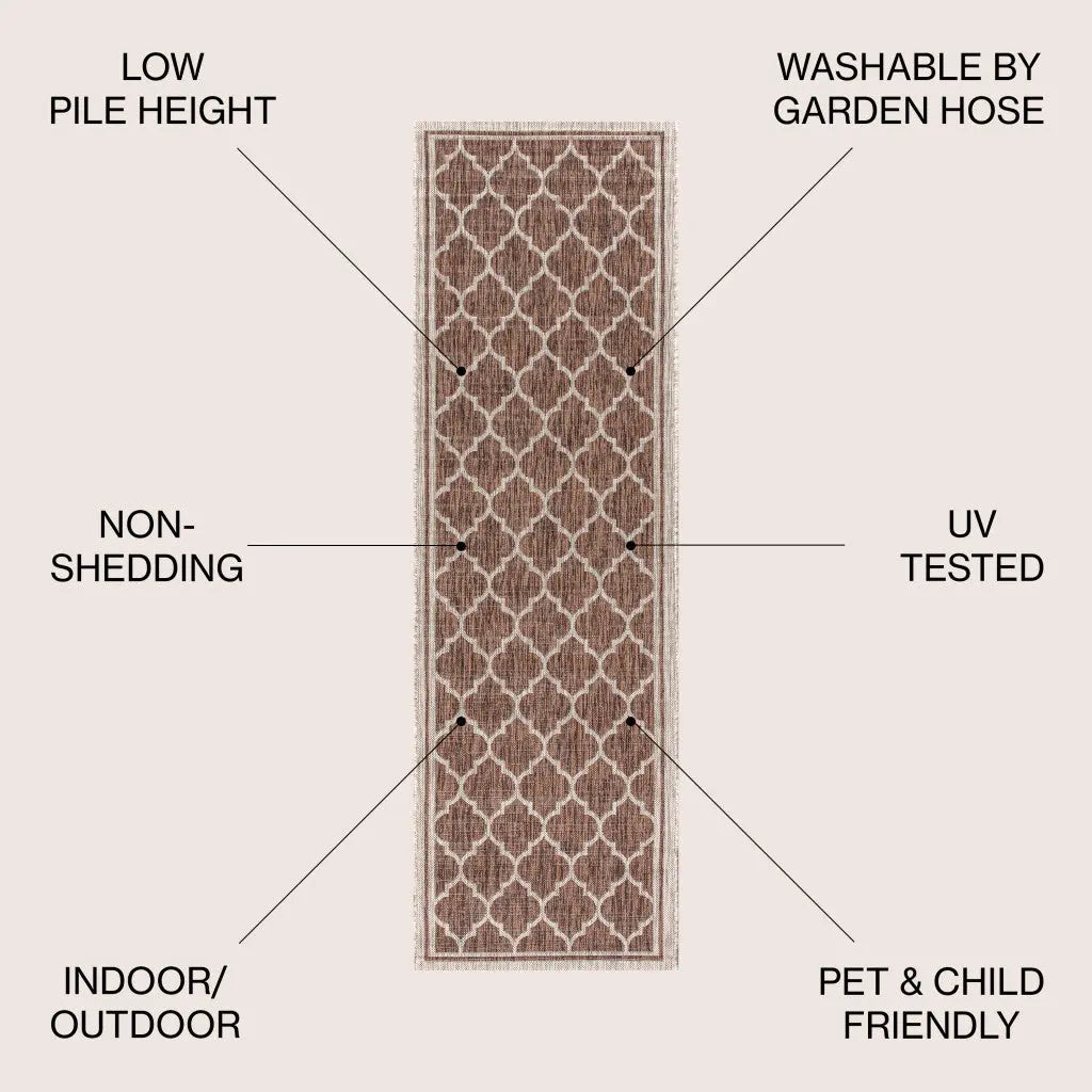 8' Espresso And Taupe Geometric Indoor Outdoor Runner Rug Homeroots Outdoor