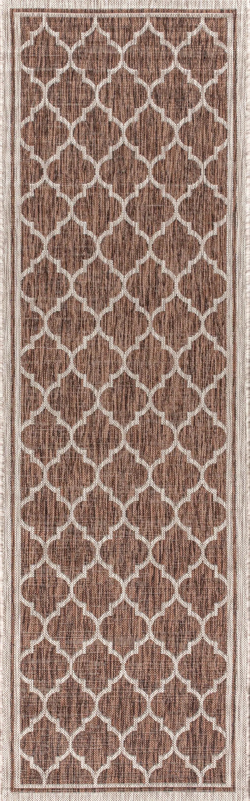 8' Espresso And Taupe Geometric Indoor Outdoor Runner Rug Homeroots Outdoor