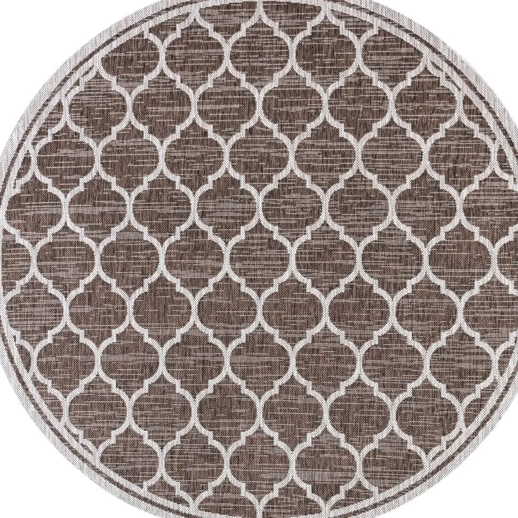 8' Espresso And Taupe Round Geometric Indoor Outdoor Area Rug - GreatEagleInc
