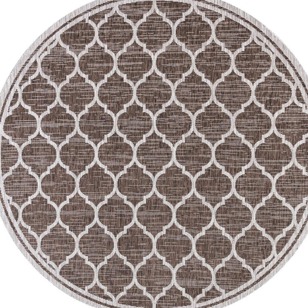 8' Espresso And Taupe Round Geometric Indoor Outdoor Area Rug - GreatEagleInc