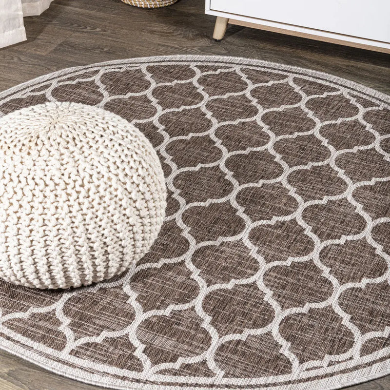 8' Espresso And Taupe Round Geometric Indoor Outdoor Area Rug - GreatEagleInc