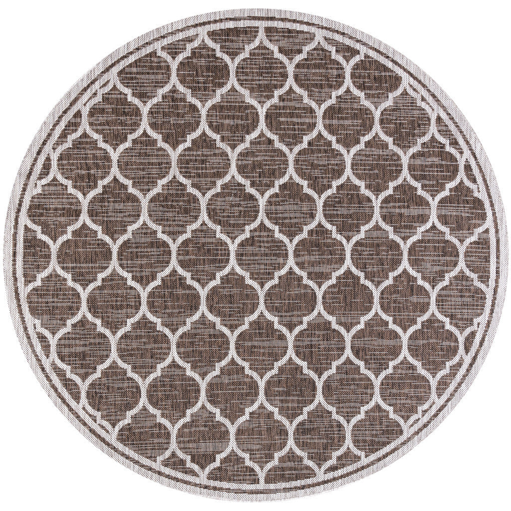 8' Espresso And Taupe Round Geometric Indoor Outdoor Area Rug - GreatEagleInc