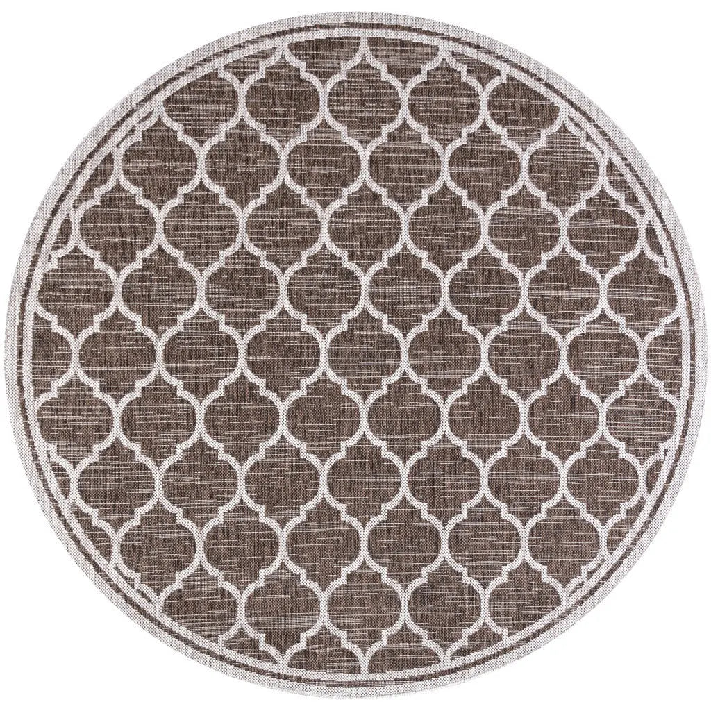 8' Espresso And Taupe Round Geometric Indoor Outdoor Area Rug - GreatEagleInc