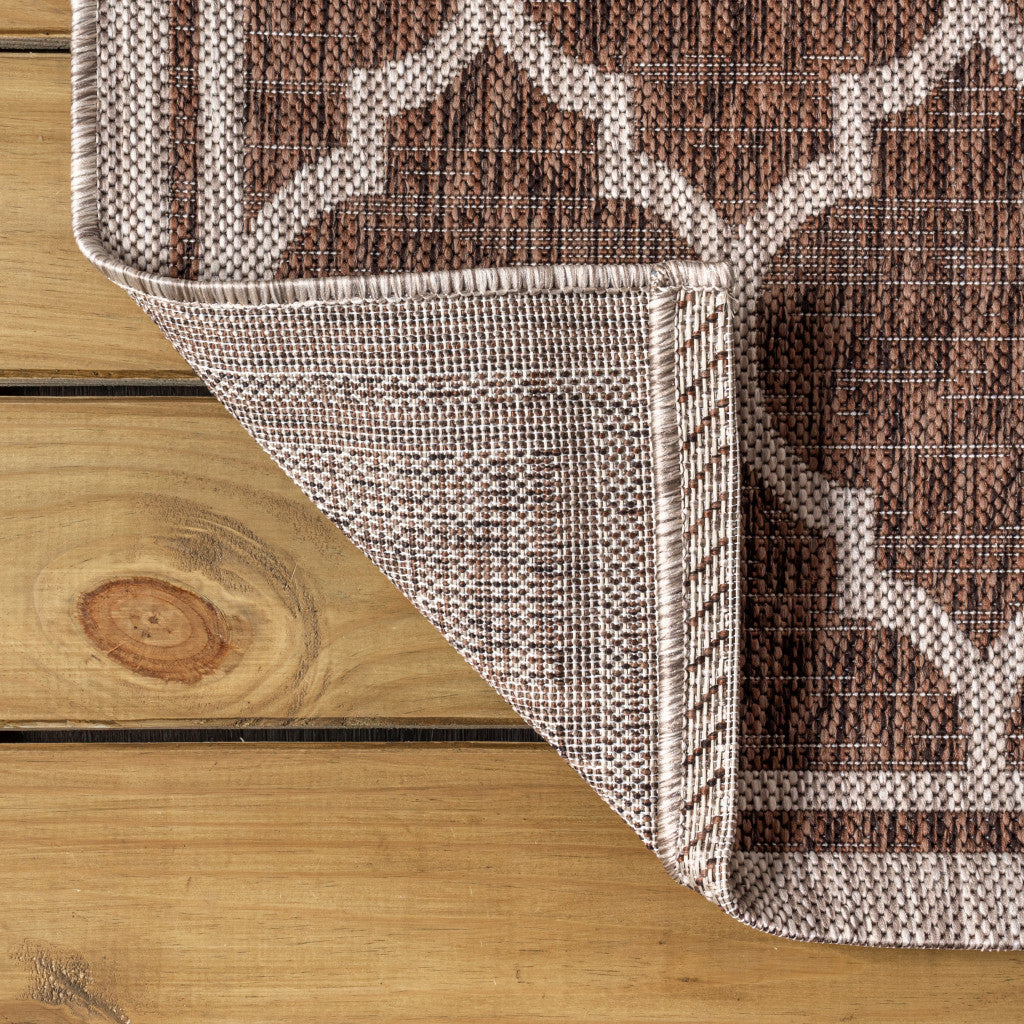 8' Espresso And Taupe Round Geometric Indoor Outdoor Area Rug - GreatEagleInc