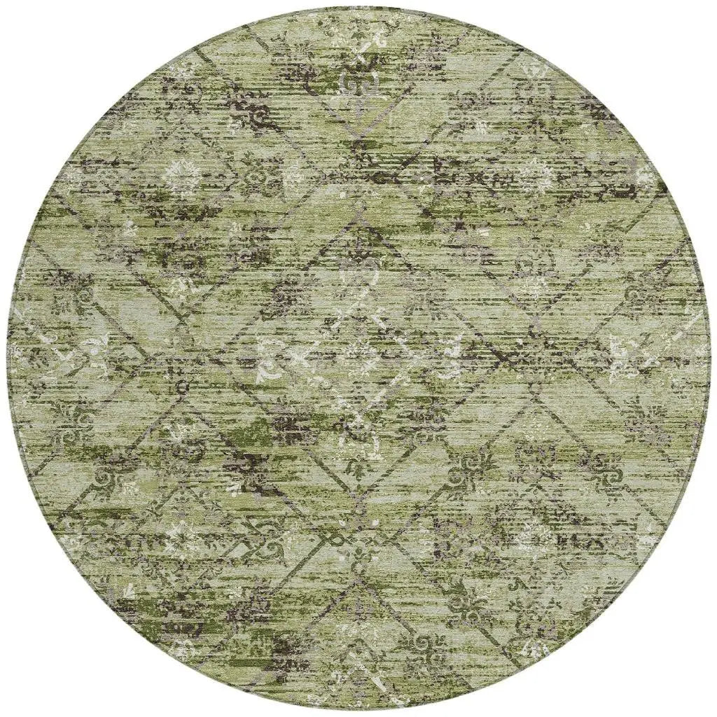 8' Fern Green And Brown Round Geometric Washable Indoor Outdoor Area Rug Homeroots Outdoor