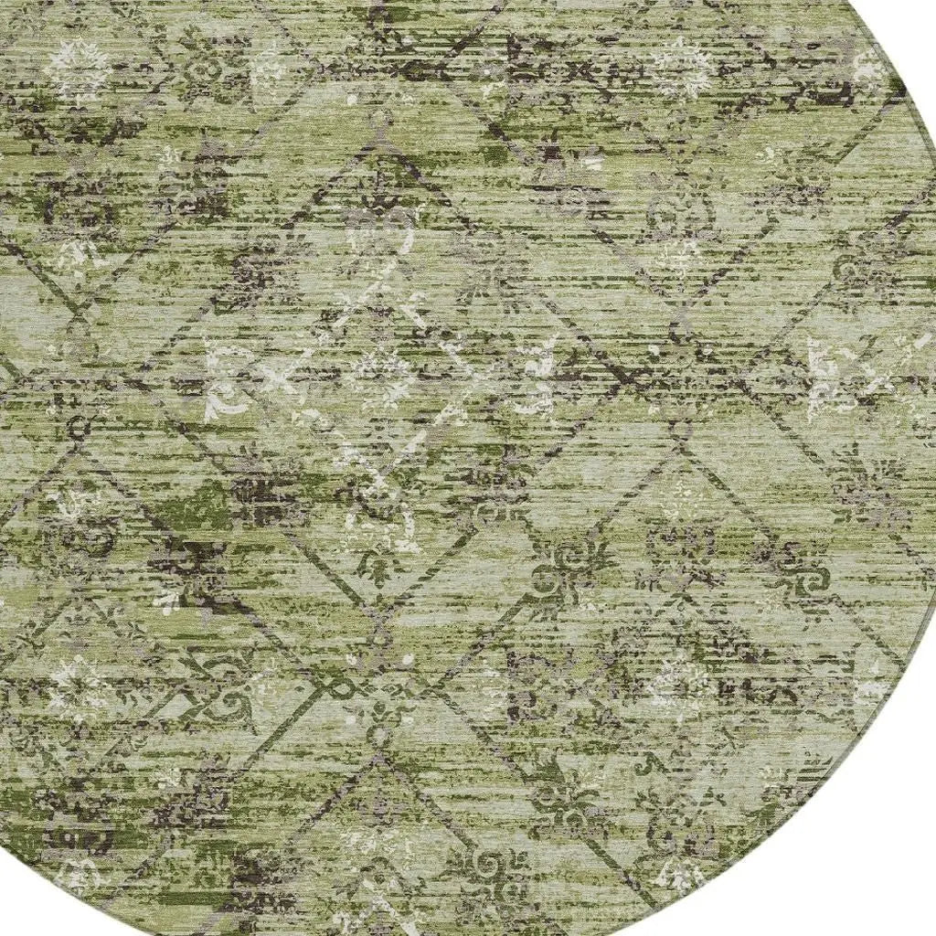 8' Fern Green And Brown Round Geometric Washable Indoor Outdoor Area Rug Homeroots Outdoor