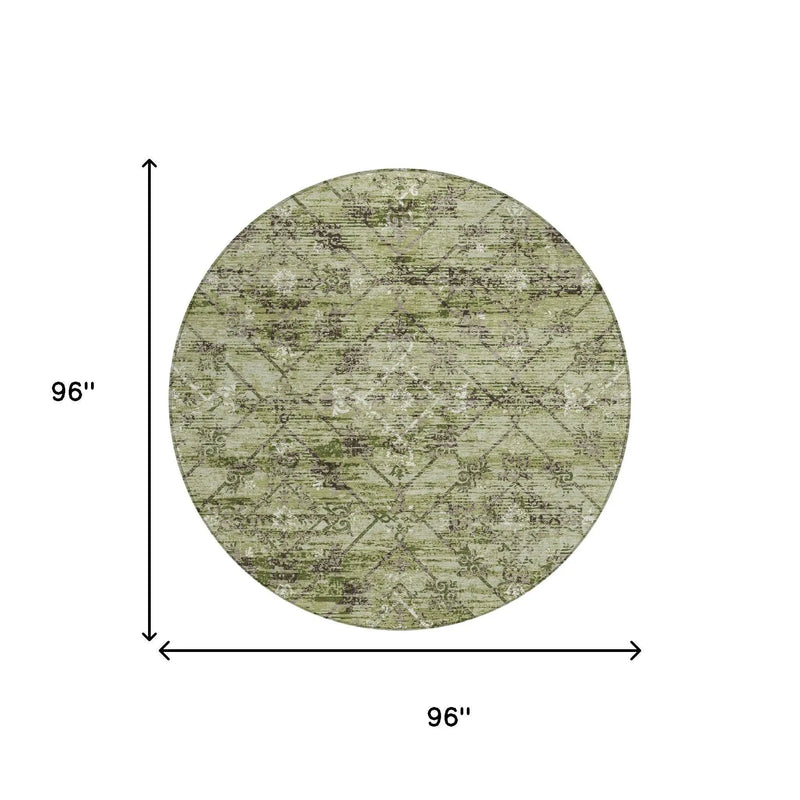 8' Fern Green And Brown Round Geometric Washable Indoor Outdoor Area Rug Homeroots Outdoor