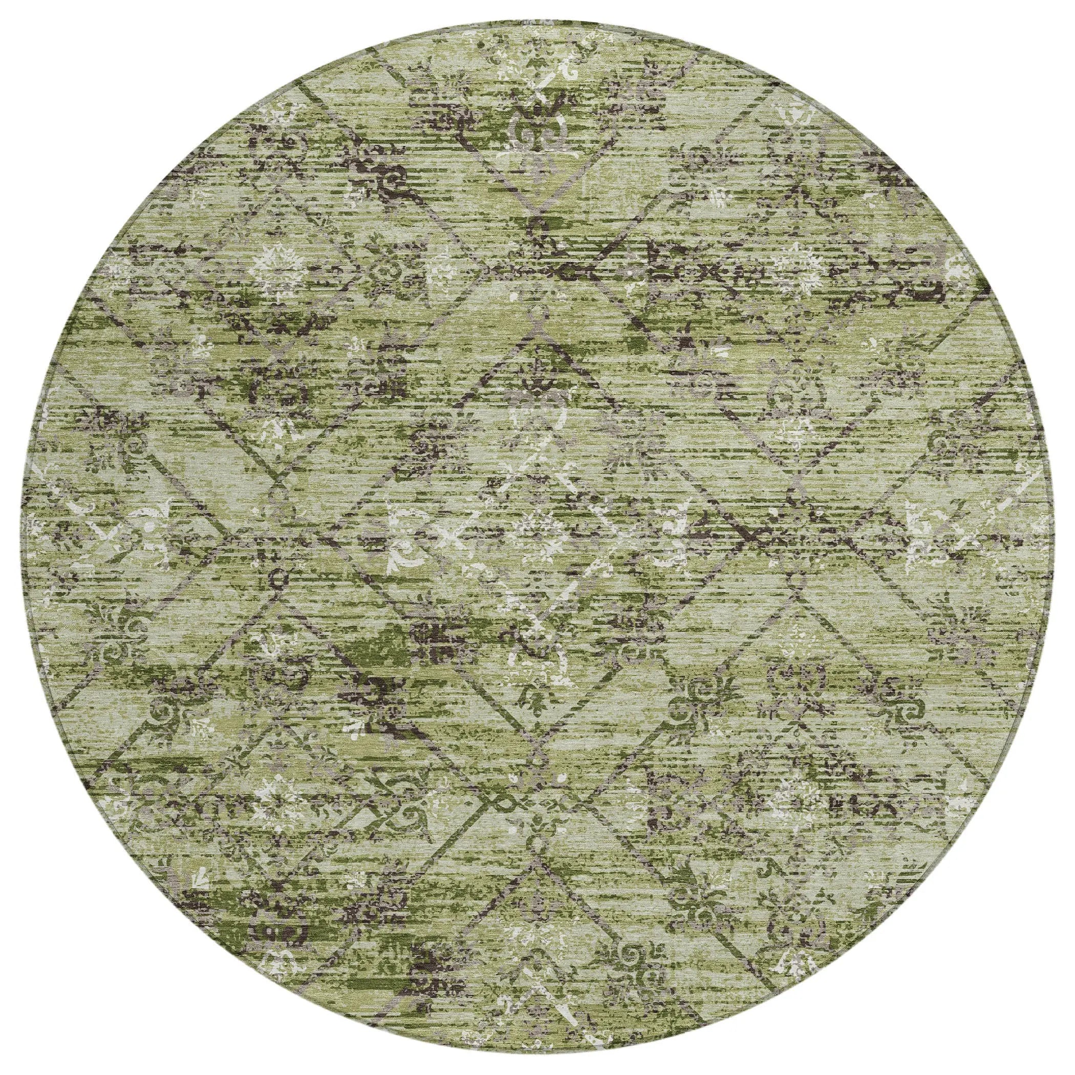8' Fern Green And Brown Round Geometric Washable Indoor Outdoor Area Rug Homeroots Outdoor