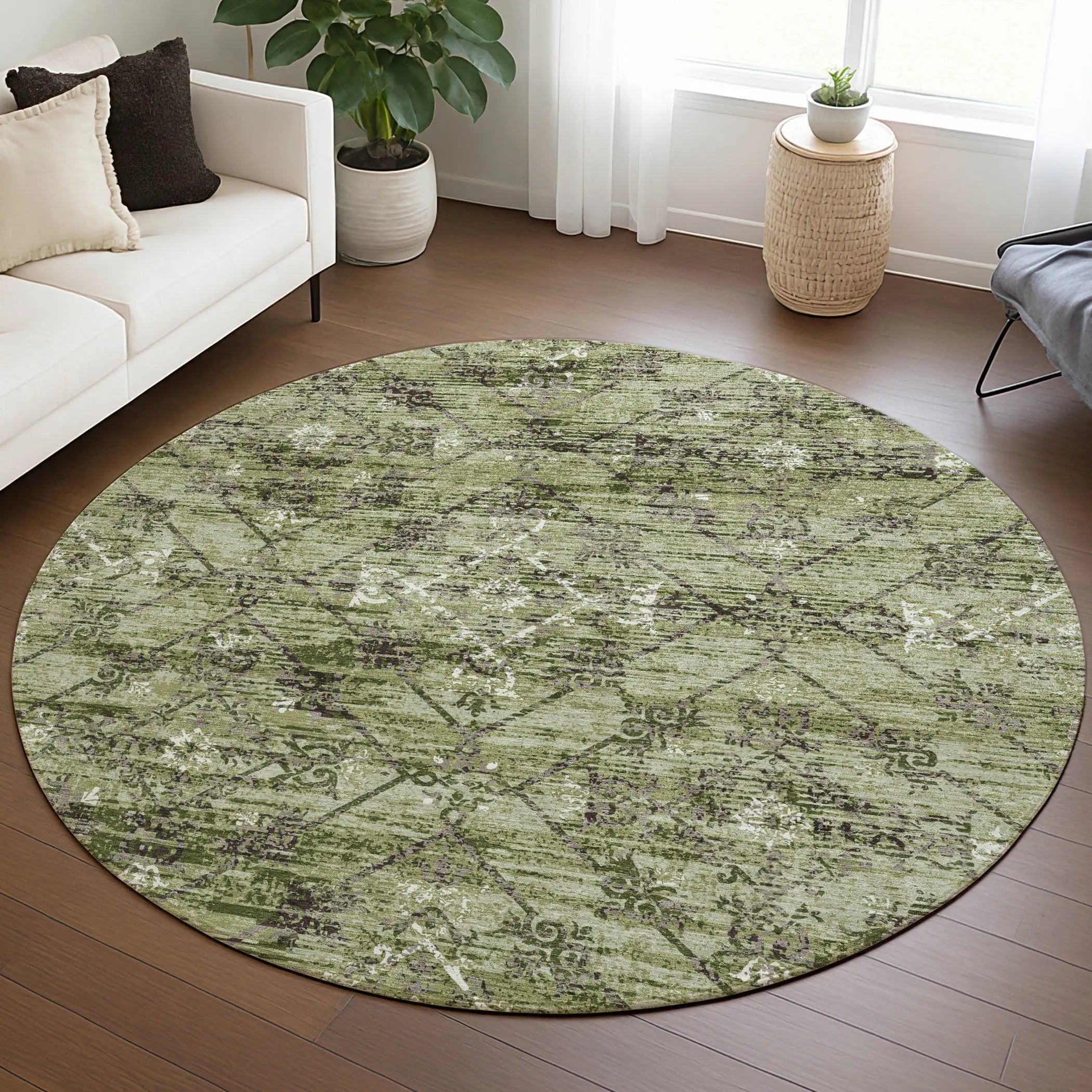 8' Fern Green And Brown Round Geometric Washable Indoor Outdoor Area Rug Homeroots Outdoor