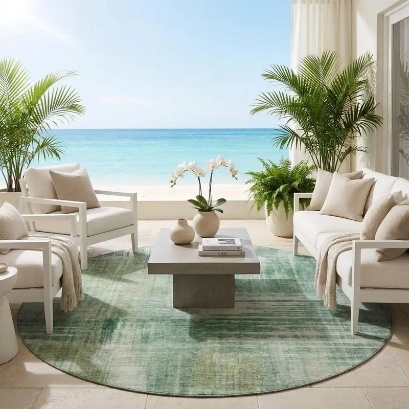 8' Fern Green And Green Round Abstract Washable Indoor Outdoor Area Rug Homeroots Outdoor