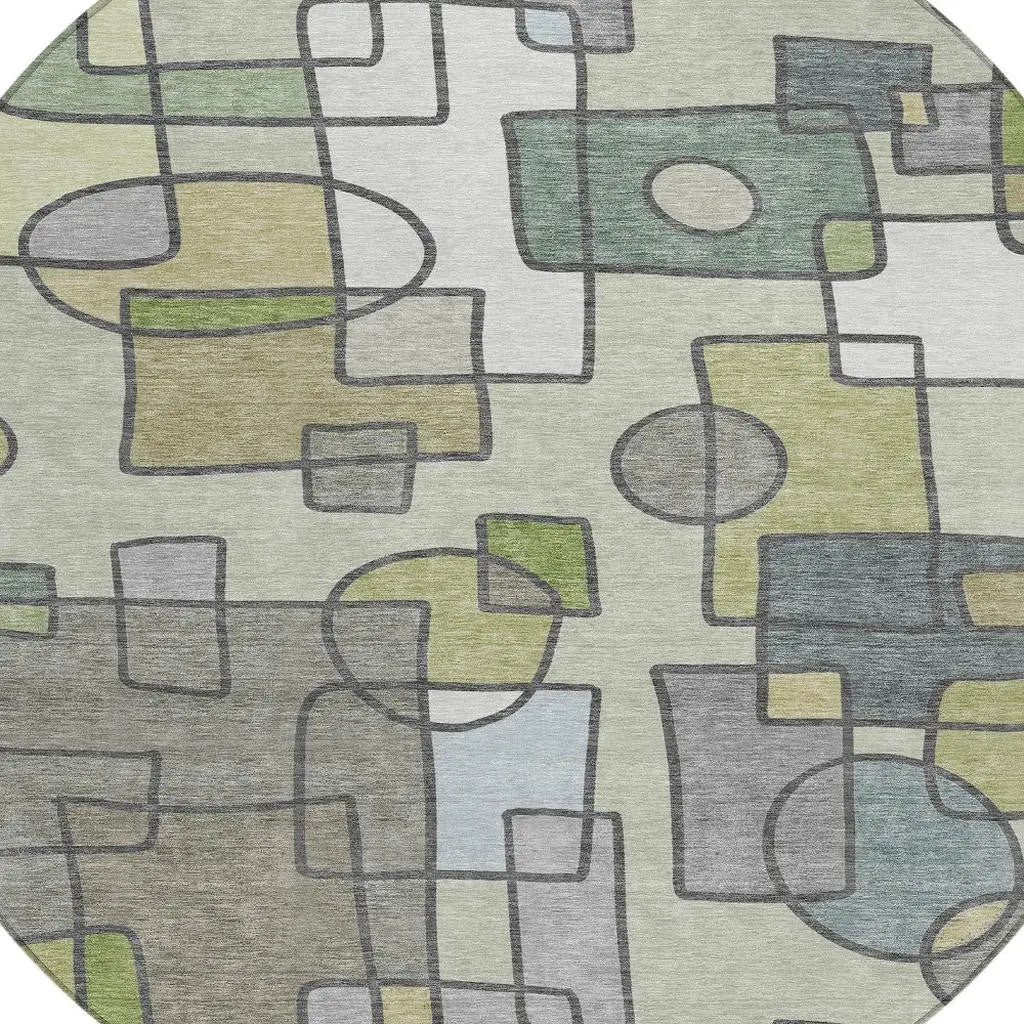 8' Fern Green And Green Round Geometric Washable Indoor Outdoor Area Rug Homeroots Outdoor