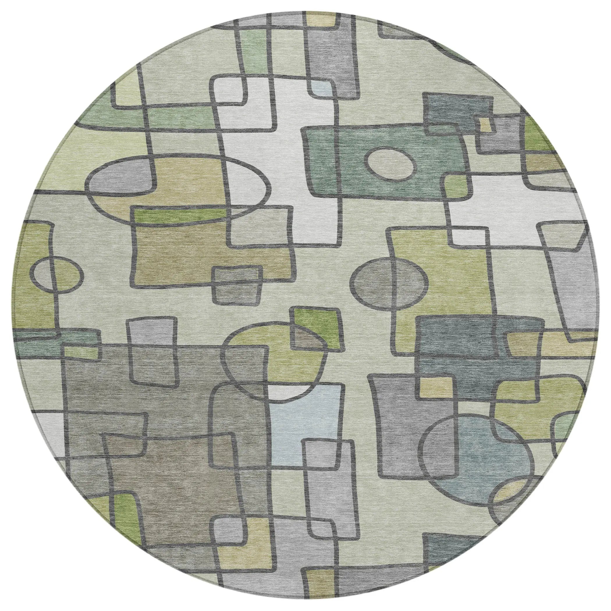 8' Fern Green And Green Round Geometric Washable Indoor Outdoor Area Rug Homeroots Outdoor