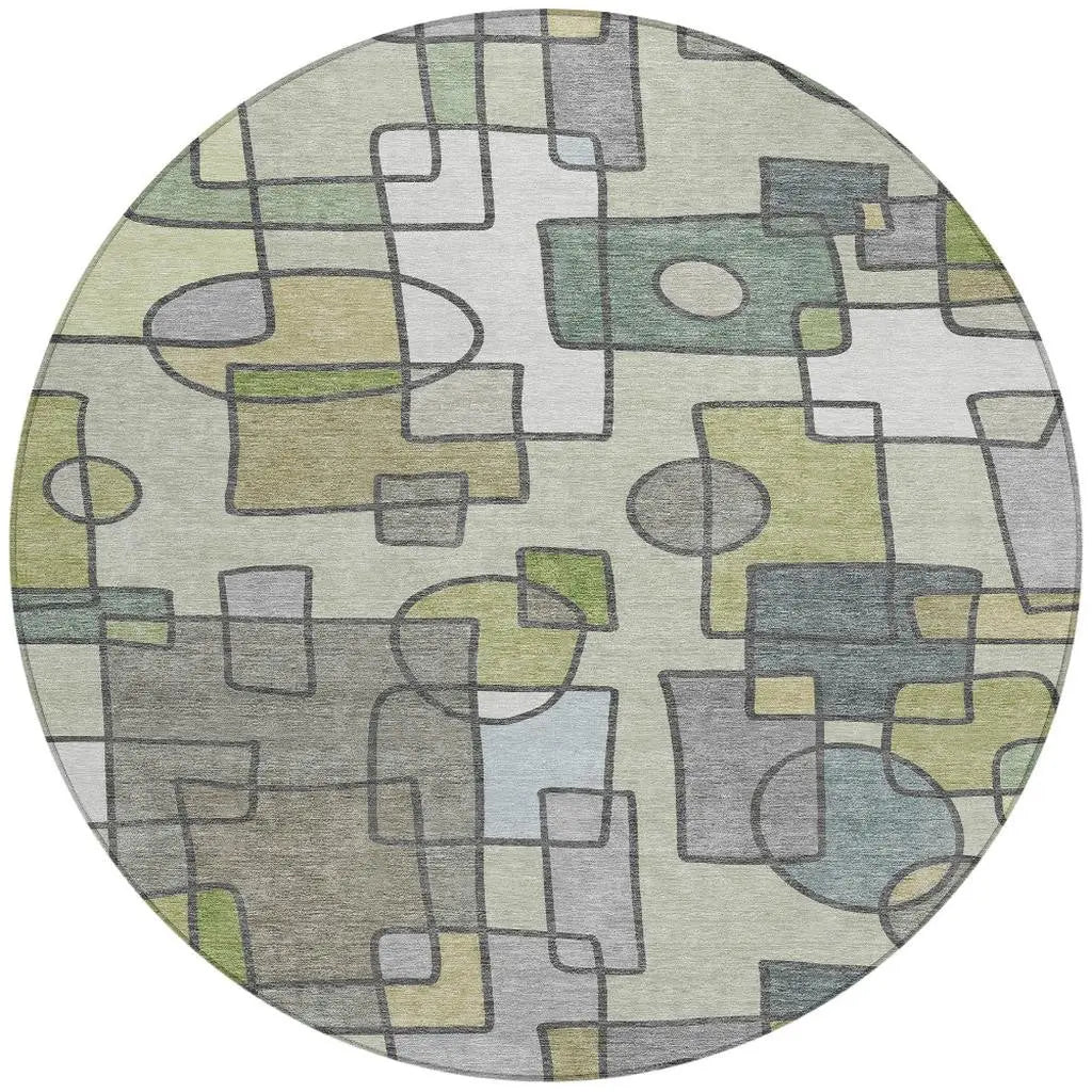 8' Fern Green And Green Round Geometric Washable Indoor Outdoor Area Rug Homeroots Outdoor