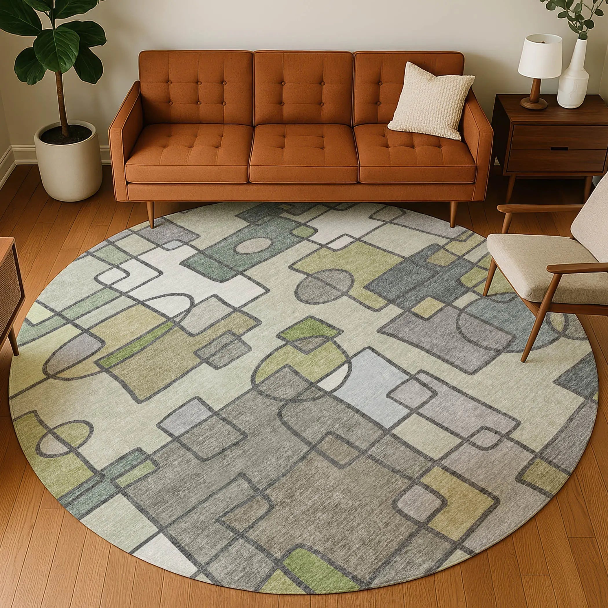8' Fern Green And Green Round Geometric Washable Indoor Outdoor Area Rug Homeroots Outdoor