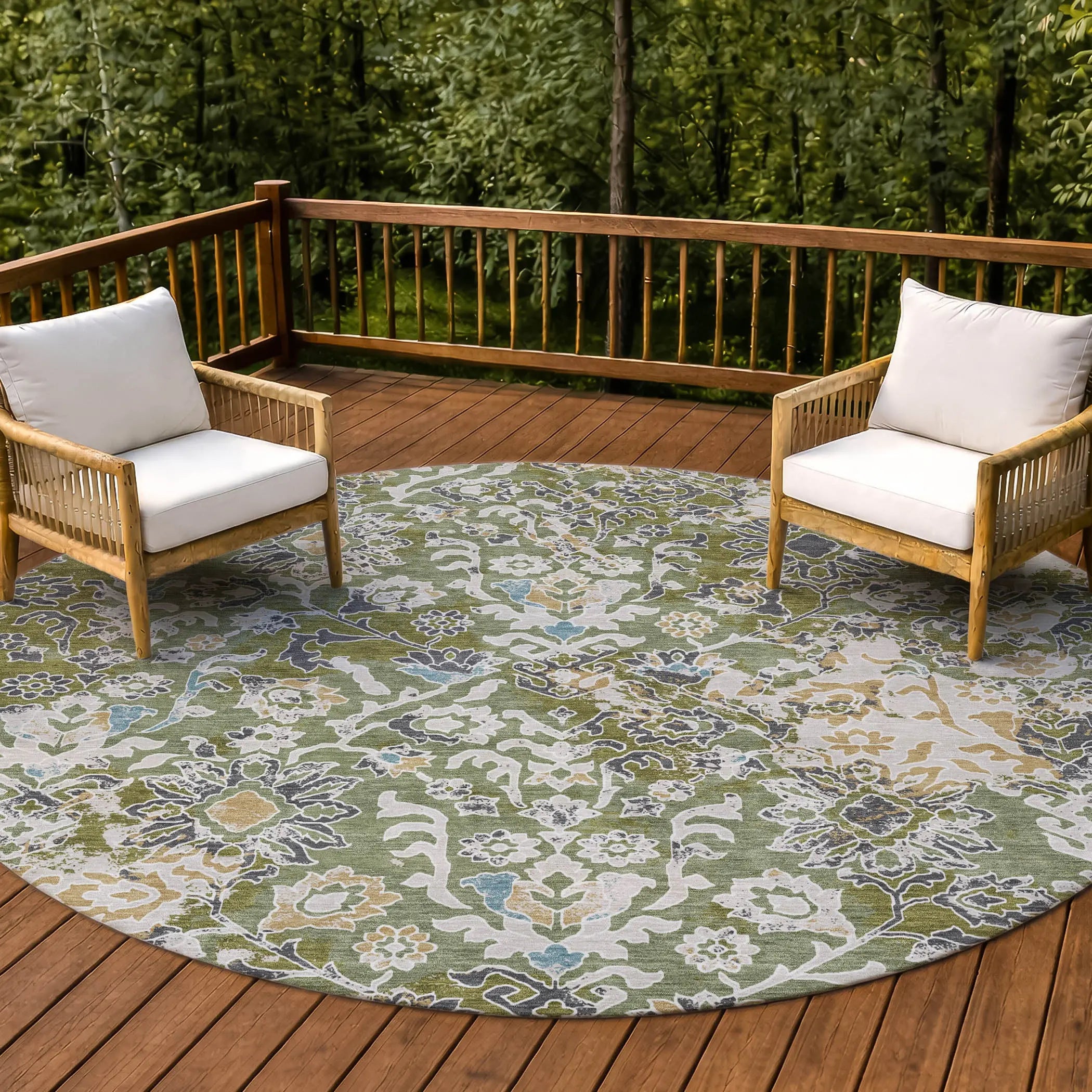 8' Fern Green And Ivory Round Geometric Washable Indoor Outdoor Area Rug Homeroots Outdoor