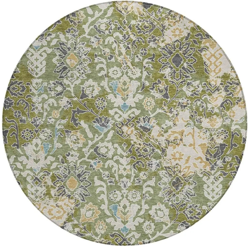 8' Fern Green And Ivory Round Geometric Washable Indoor Outdoor Area Rug Homeroots Outdoor