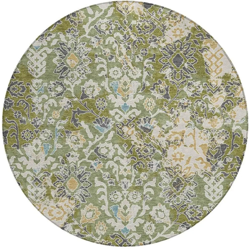 8' Fern Green And Ivory Round Geometric Washable Indoor Outdoor Area Rug Homeroots Outdoor