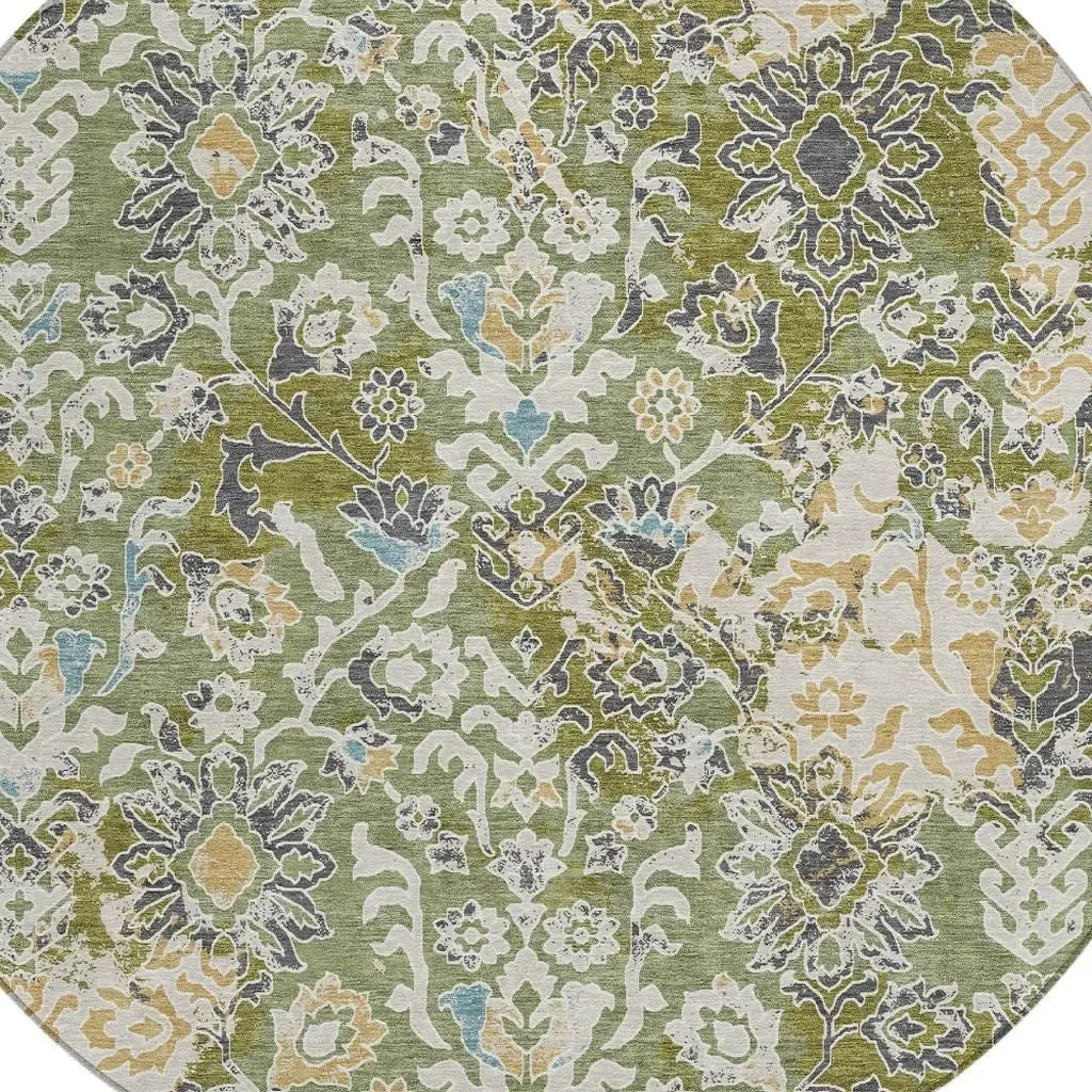 8' Fern Green And Ivory Round Geometric Washable Indoor Outdoor Area Rug Homeroots Outdoor