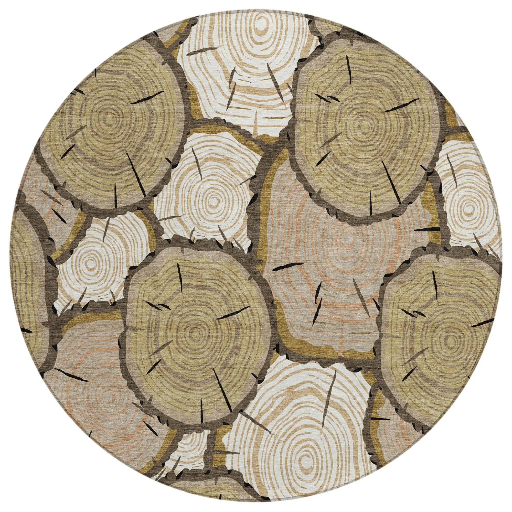 8' Gold And Beige Round Faux Bois Washable Indoor Outdoor Area Rug Homeroots Outdoor