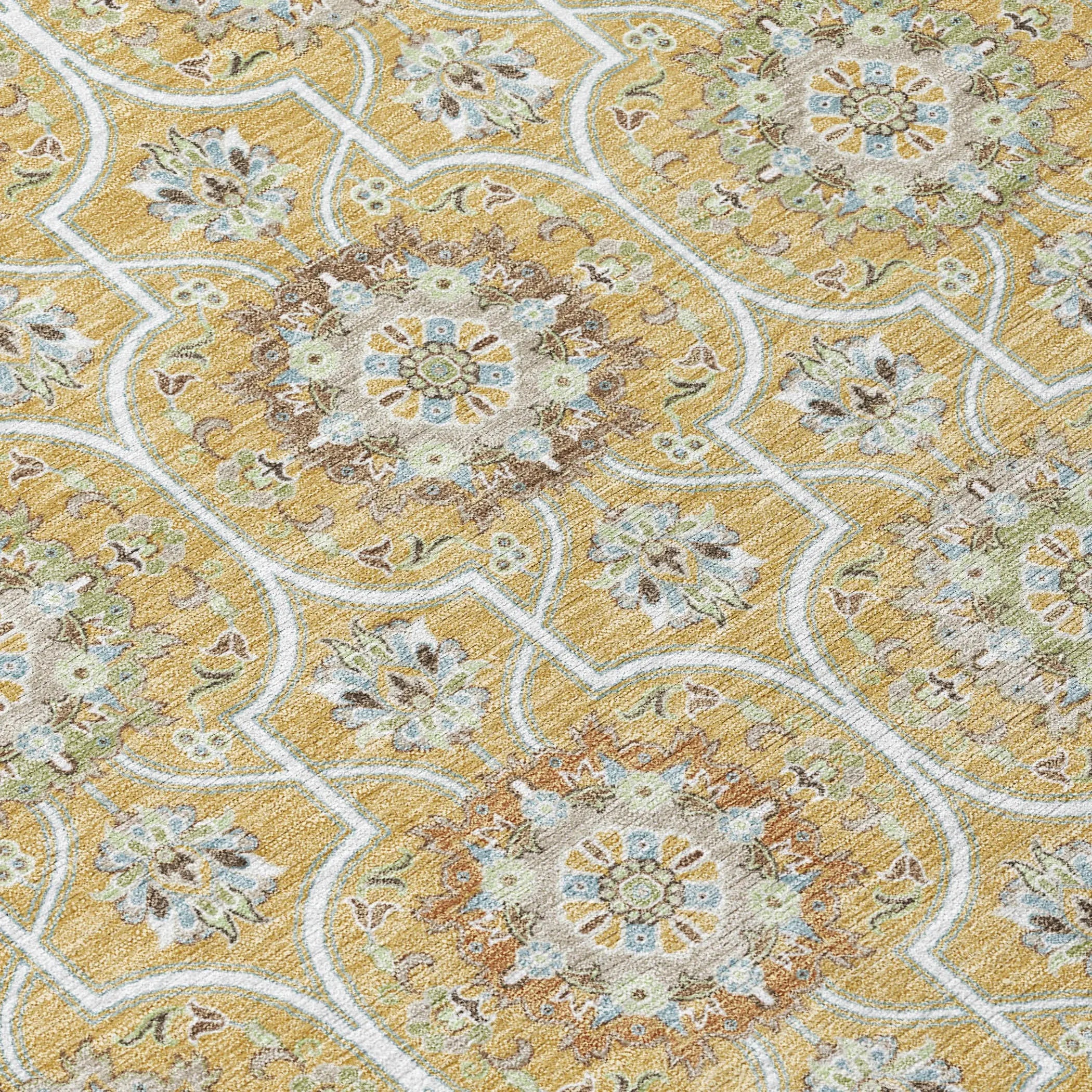 8' Gold And Beige Round Floral Medallion Washable Indoor Outdoor Area Rug Homeroots Outdoor