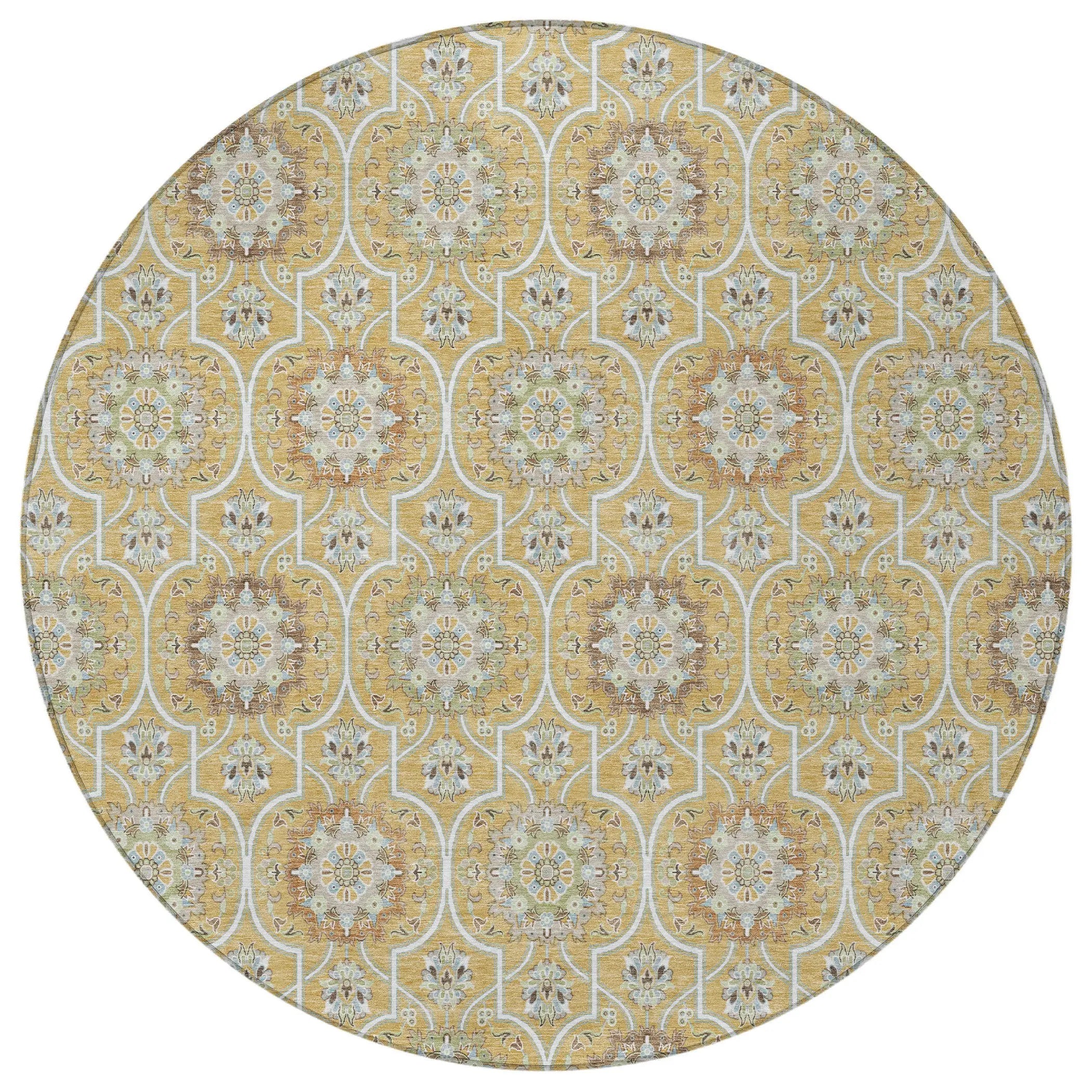 8' Gold And Beige Round Floral Medallion Washable Indoor Outdoor Area Rug Homeroots Outdoor