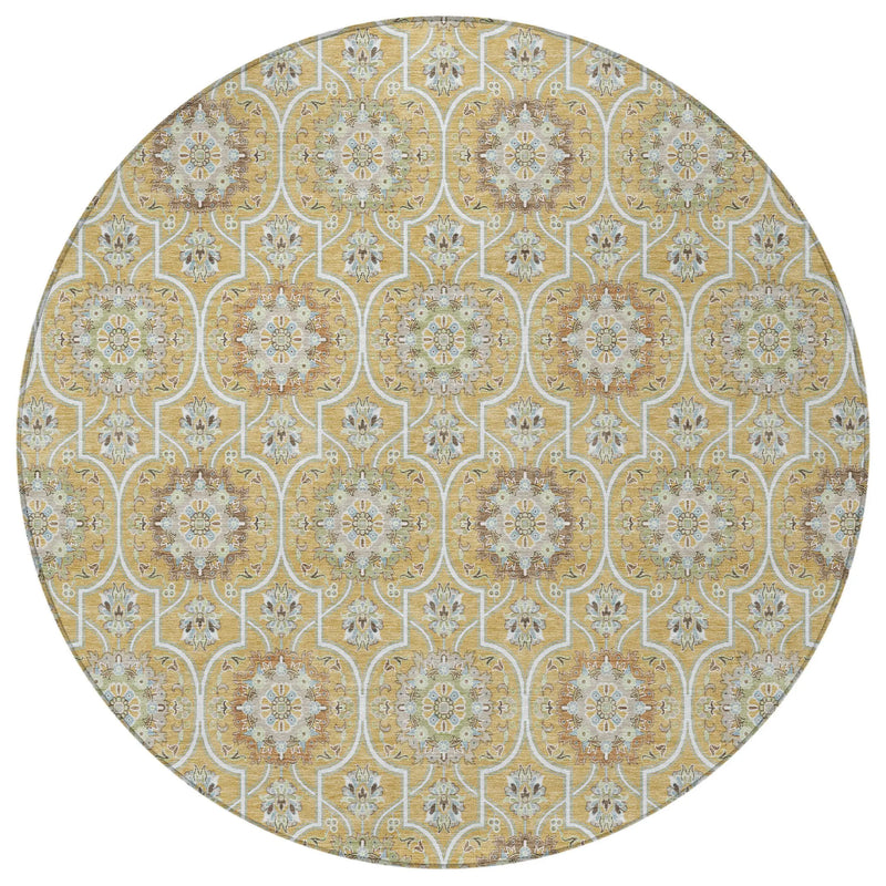8' Gold And Beige Round Floral Medallion Washable Indoor Outdoor Area Rug Homeroots Outdoor