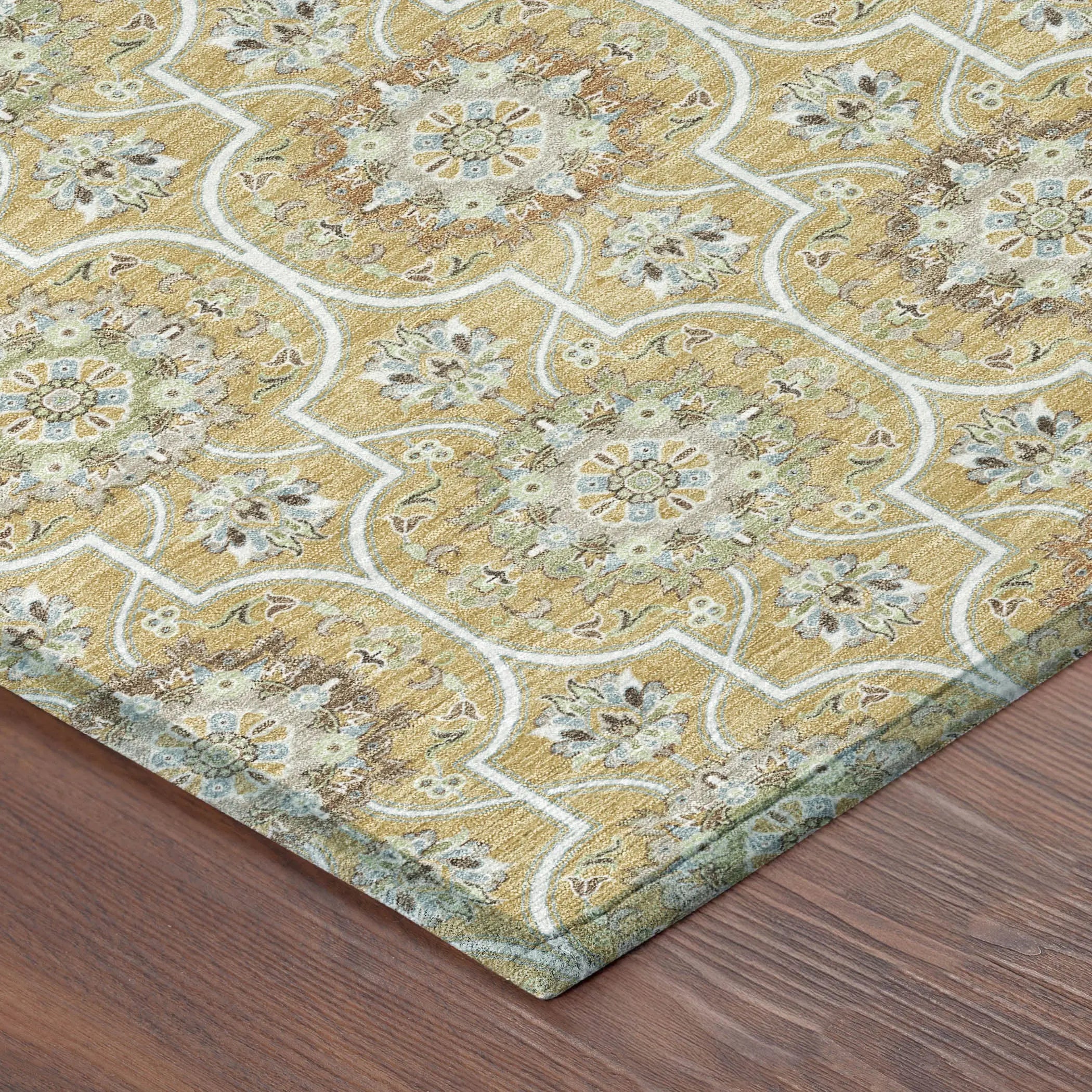 8' Gold And Beige Round Floral Medallion Washable Indoor Outdoor Area Rug Homeroots Outdoor