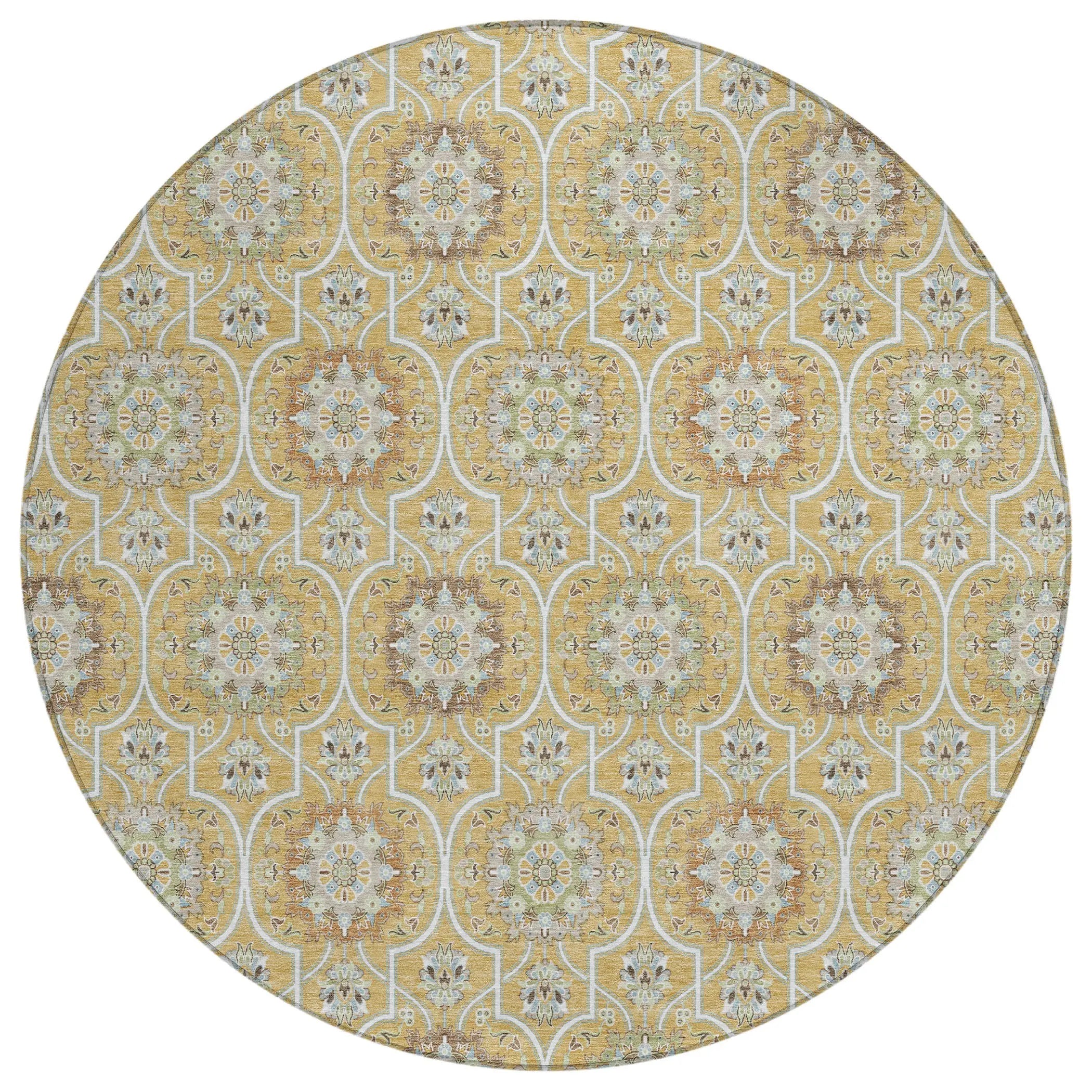 8' Gold And Beige Round Floral Medallion Washable Indoor Outdoor Area Rug Homeroots Outdoor