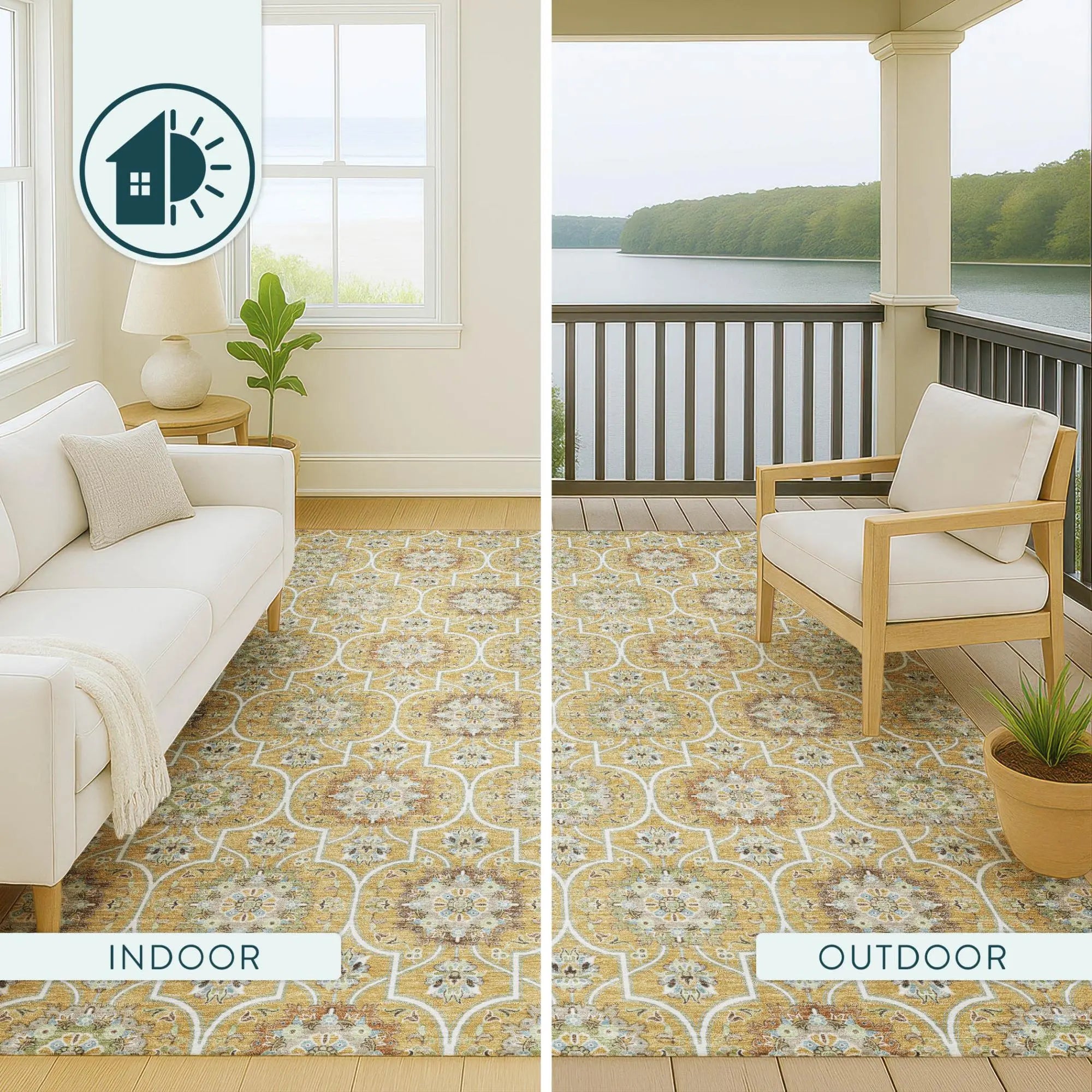 8' Gold And Beige Round Floral Medallion Washable Indoor Outdoor Area Rug Homeroots Outdoor