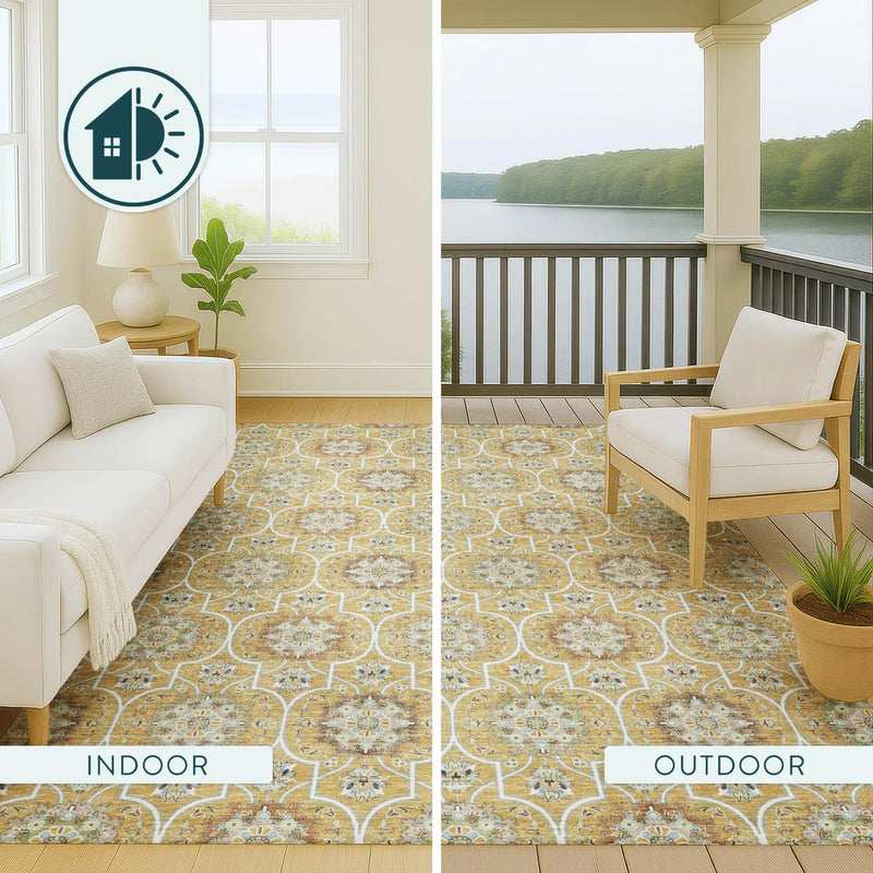 8' Gold And Beige Round Floral Medallion Washable Indoor Outdoor Area Rug Homeroots Outdoor