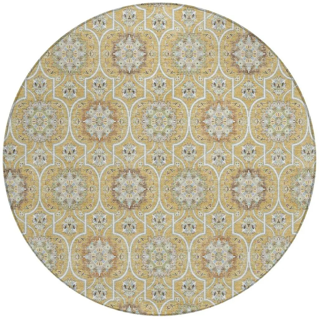 8' Gold And Beige Round Floral Medallion Washable Indoor Outdoor Area Rug Homeroots Outdoor