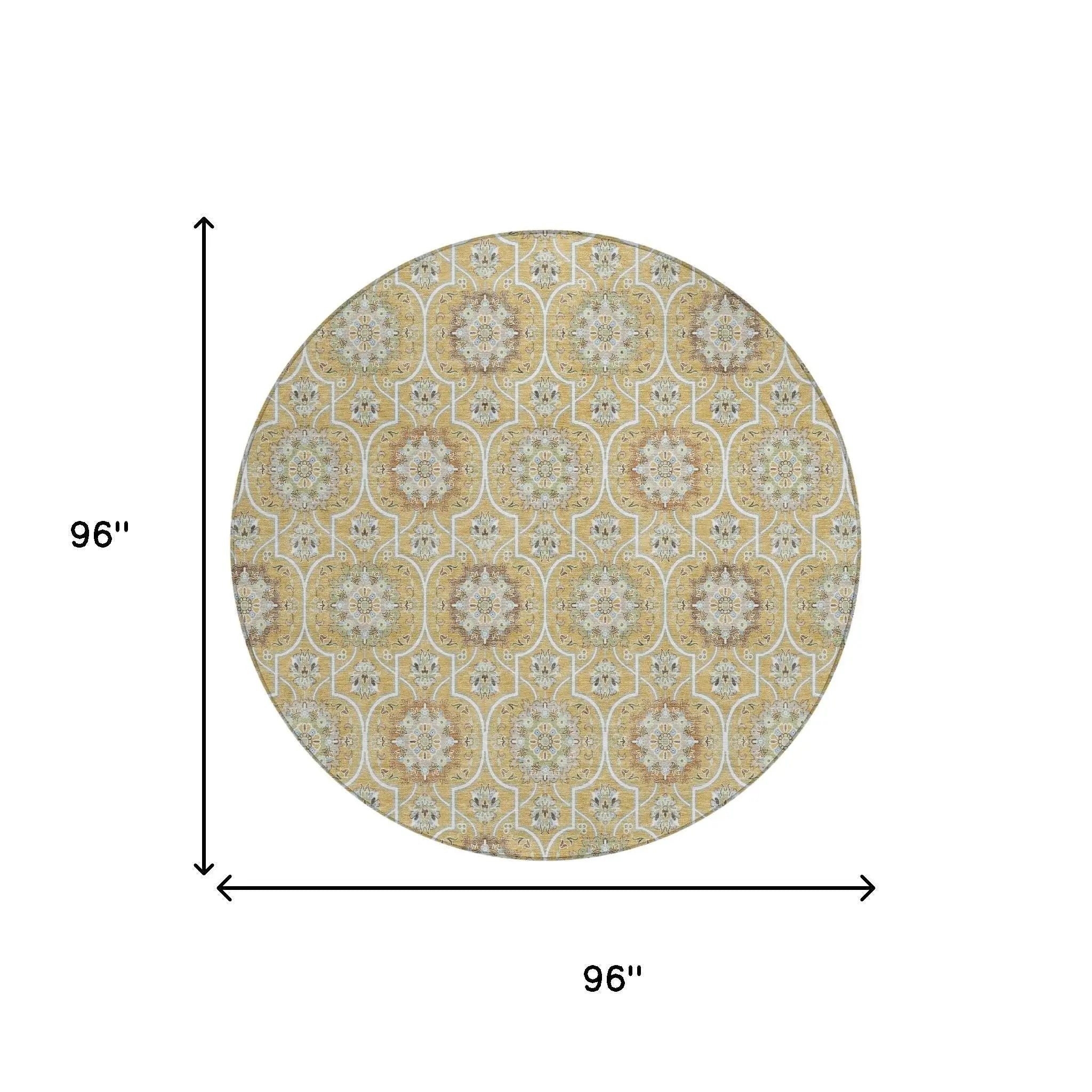 8' Gold And Beige Round Floral Medallion Washable Indoor Outdoor Area Rug Homeroots Outdoor