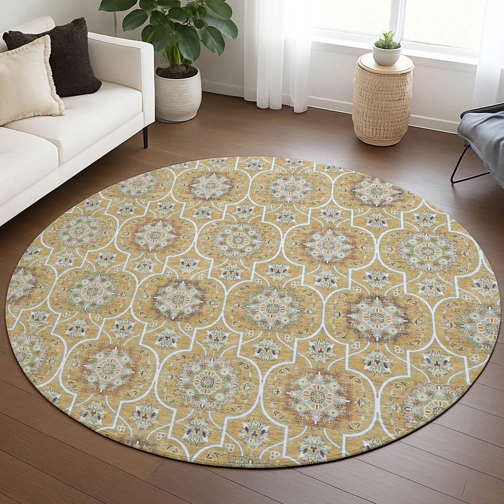 8' Gold And Beige Round Floral Medallion Washable Indoor Outdoor Area Rug Homeroots Outdoor