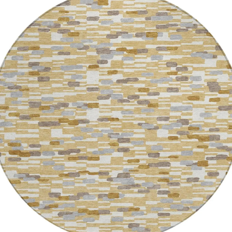 8' Gold And Beige Round Geometric Washable Indoor Outdoor Area Rug Homeroots Outdoor