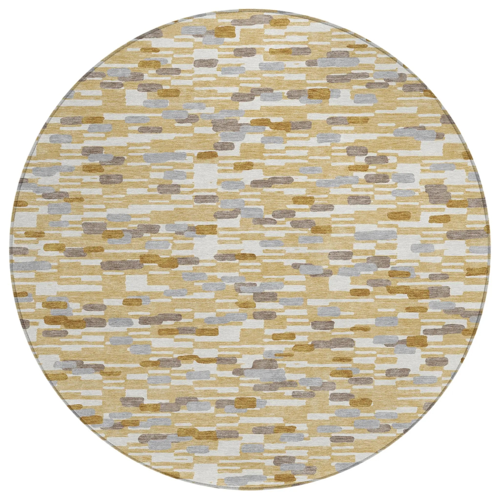 8' Gold And Beige Round Geometric Washable Indoor Outdoor Area Rug Homeroots Outdoor