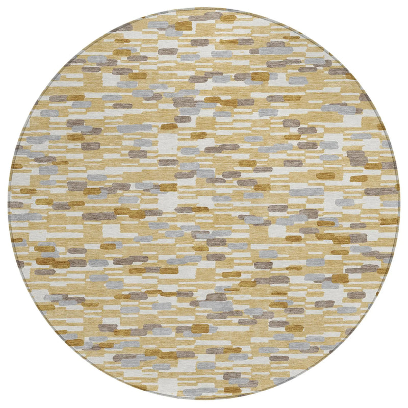 8' Gold And Beige Round Geometric Washable Indoor Outdoor Area Rug Homeroots Outdoor