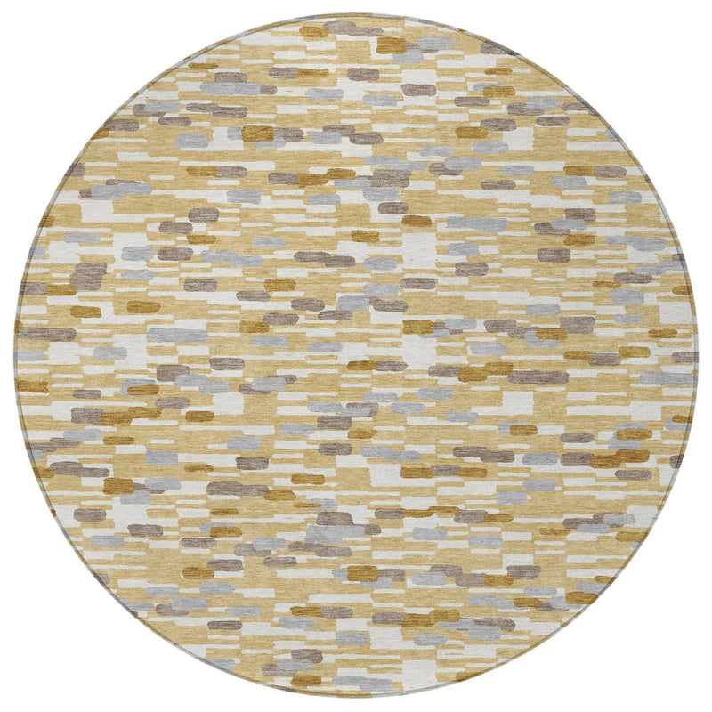 8' Gold And Beige Round Geometric Washable Indoor Outdoor Area Rug Homeroots Outdoor