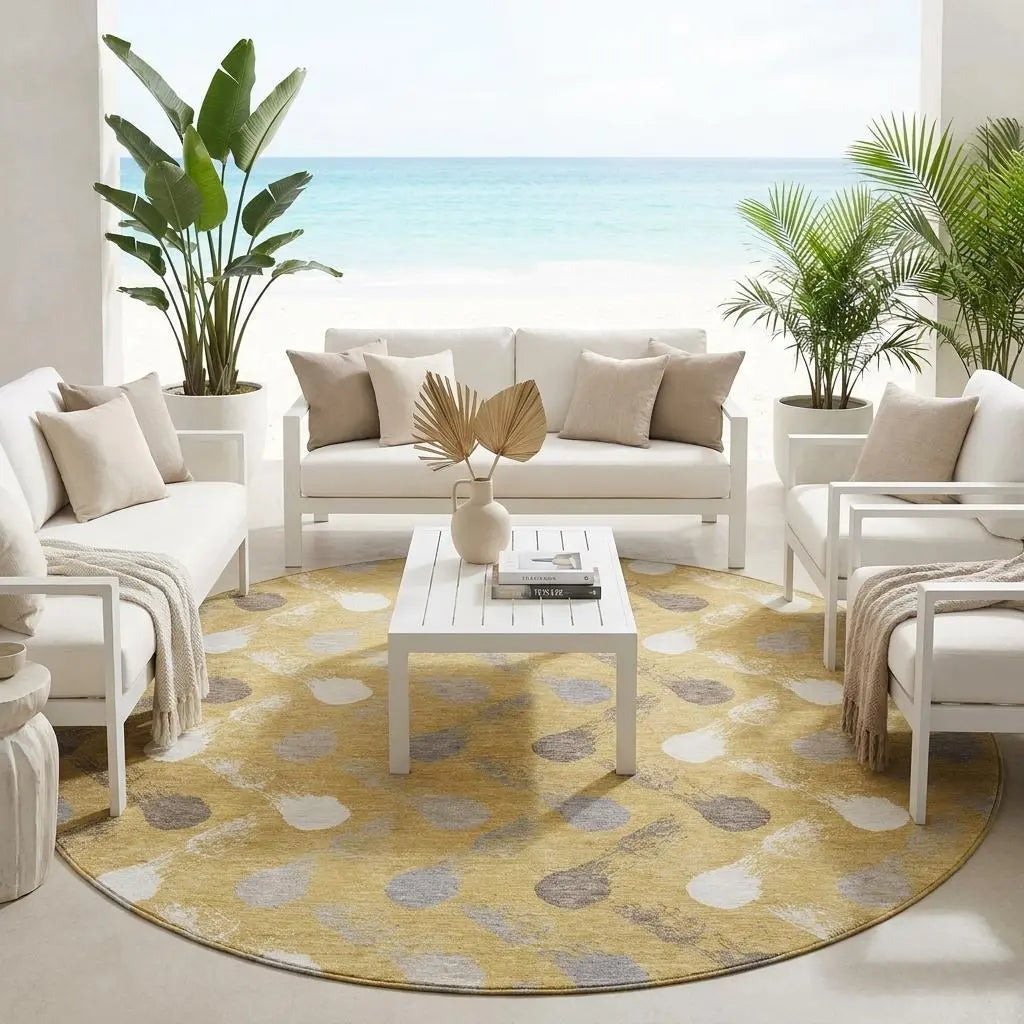 8' Gold And Beige Round Geometric Washable Indoor Outdoor Area Rug Homeroots Outdoor