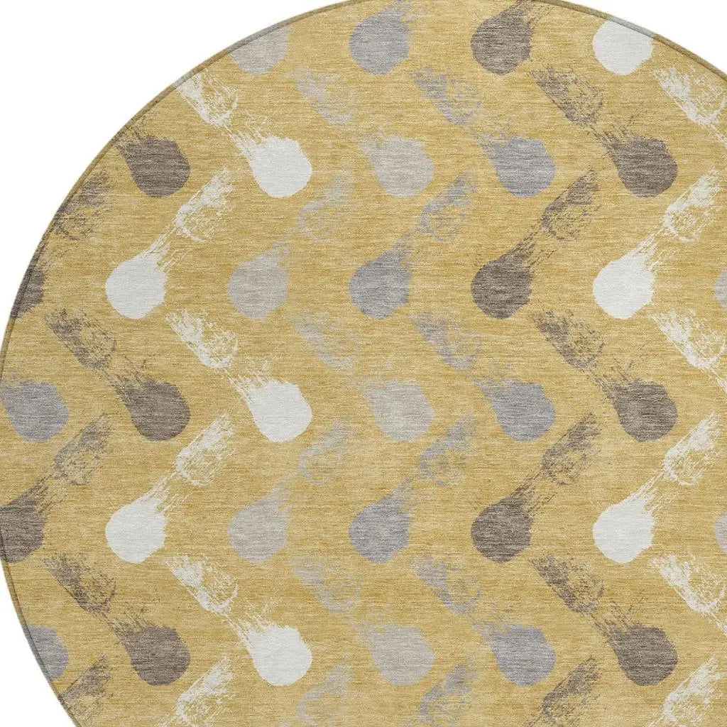 8' Gold And Beige Round Geometric Washable Indoor Outdoor Area Rug Homeroots Outdoor