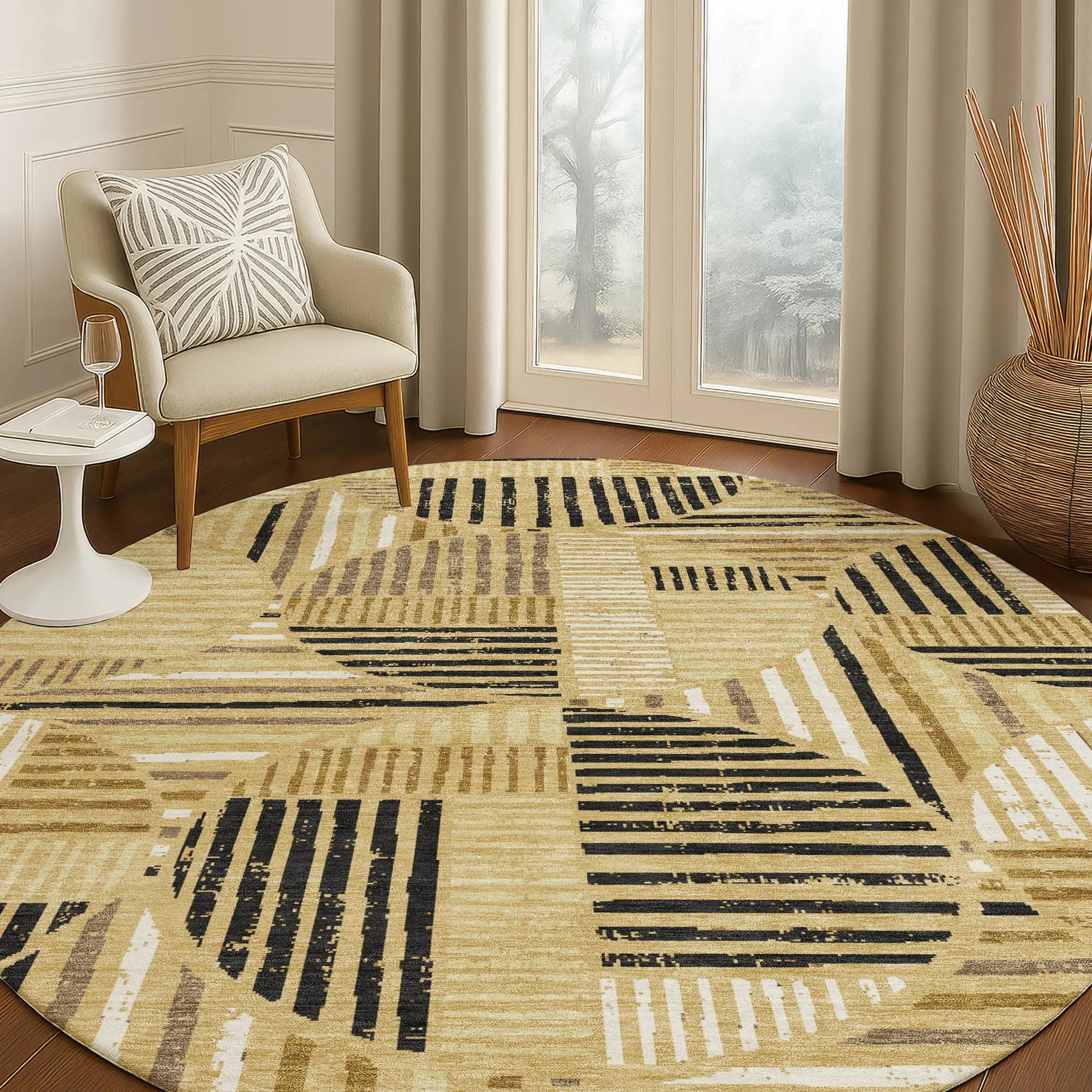 8' Gold And Blue Round Geometric Washable Indoor Outdoor Area Rug Homeroots Outdoor