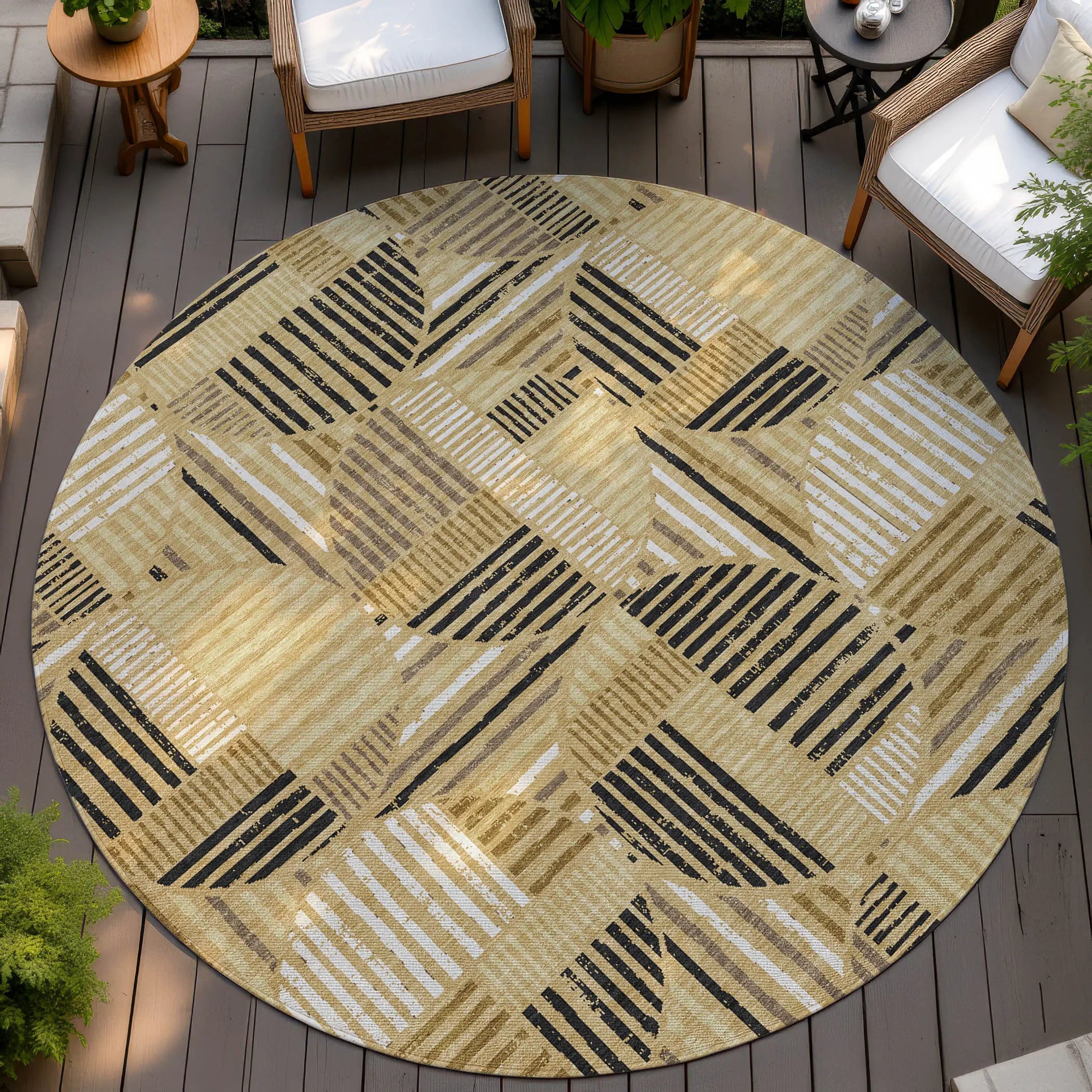 8' Gold And Blue Round Geometric Washable Indoor Outdoor Area Rug Homeroots Outdoor