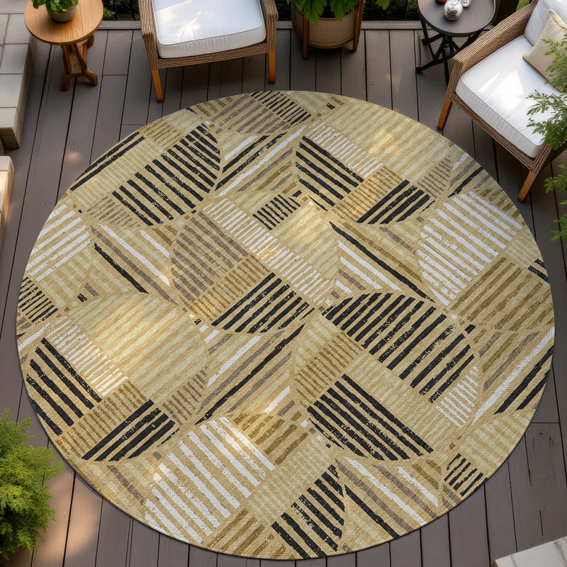 8' Gold And Blue Round Geometric Washable Indoor Outdoor Area Rug Homeroots Outdoor