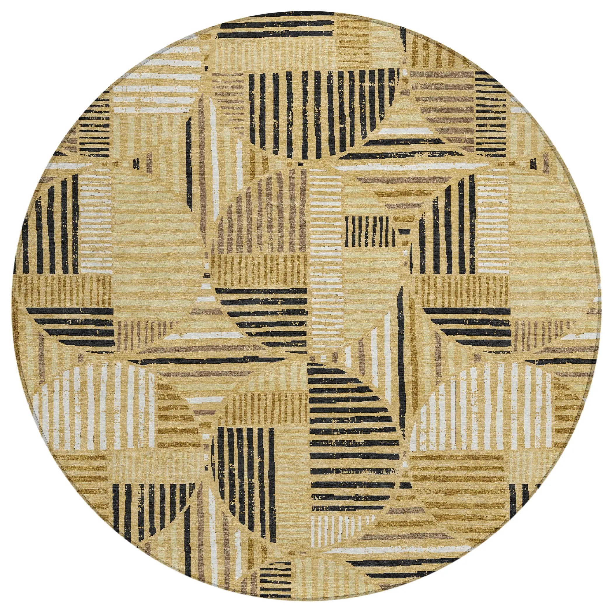 8' Gold And Blue Round Geometric Washable Indoor Outdoor Area Rug Homeroots Outdoor