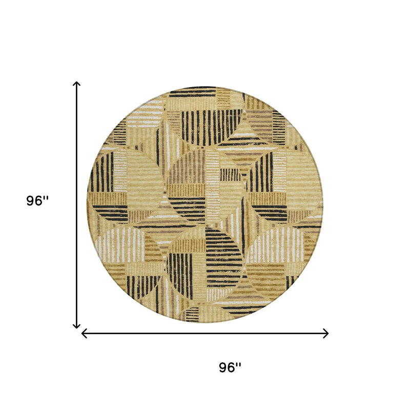 8' Gold And Blue Round Geometric Washable Indoor Outdoor Area Rug Homeroots Outdoor
