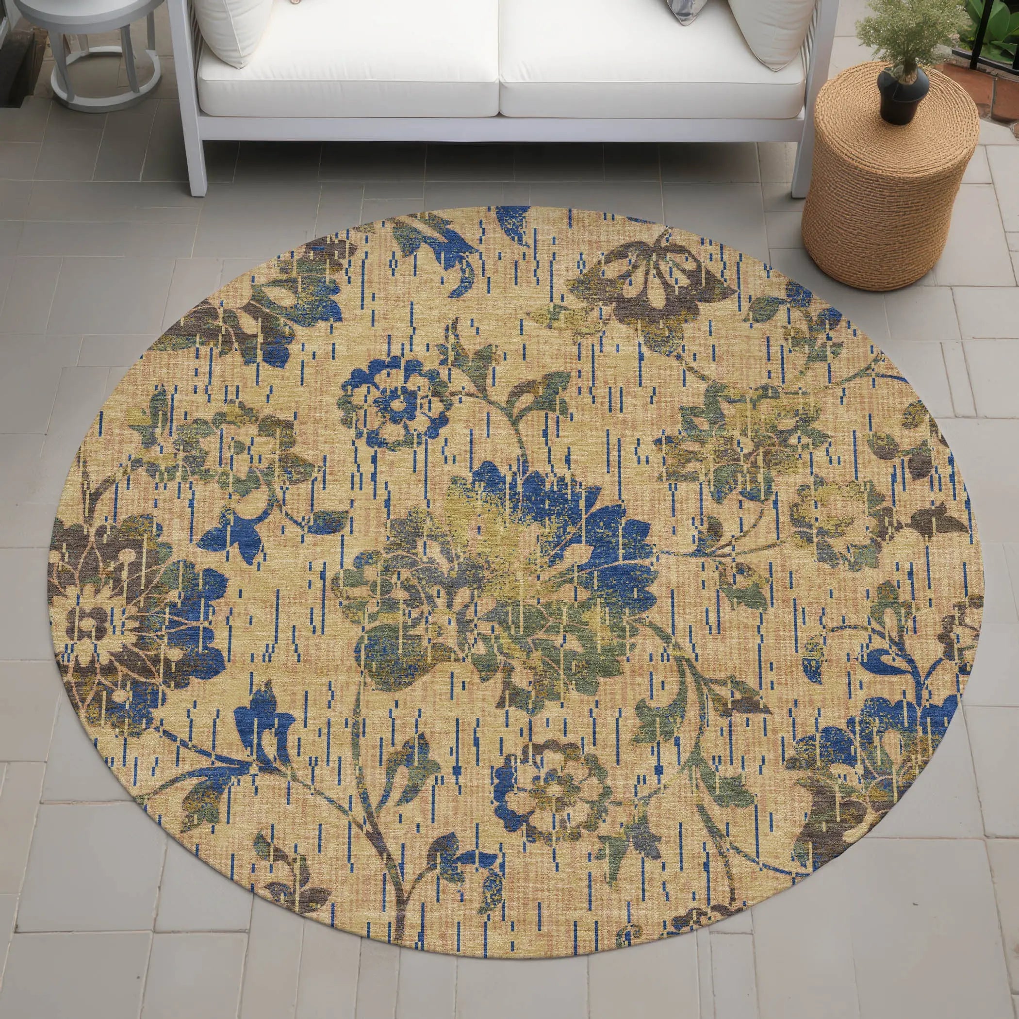 8' Gold And Brown Round Floral Washable Indoor Outdoor Area Rug Homeroots Outdoor