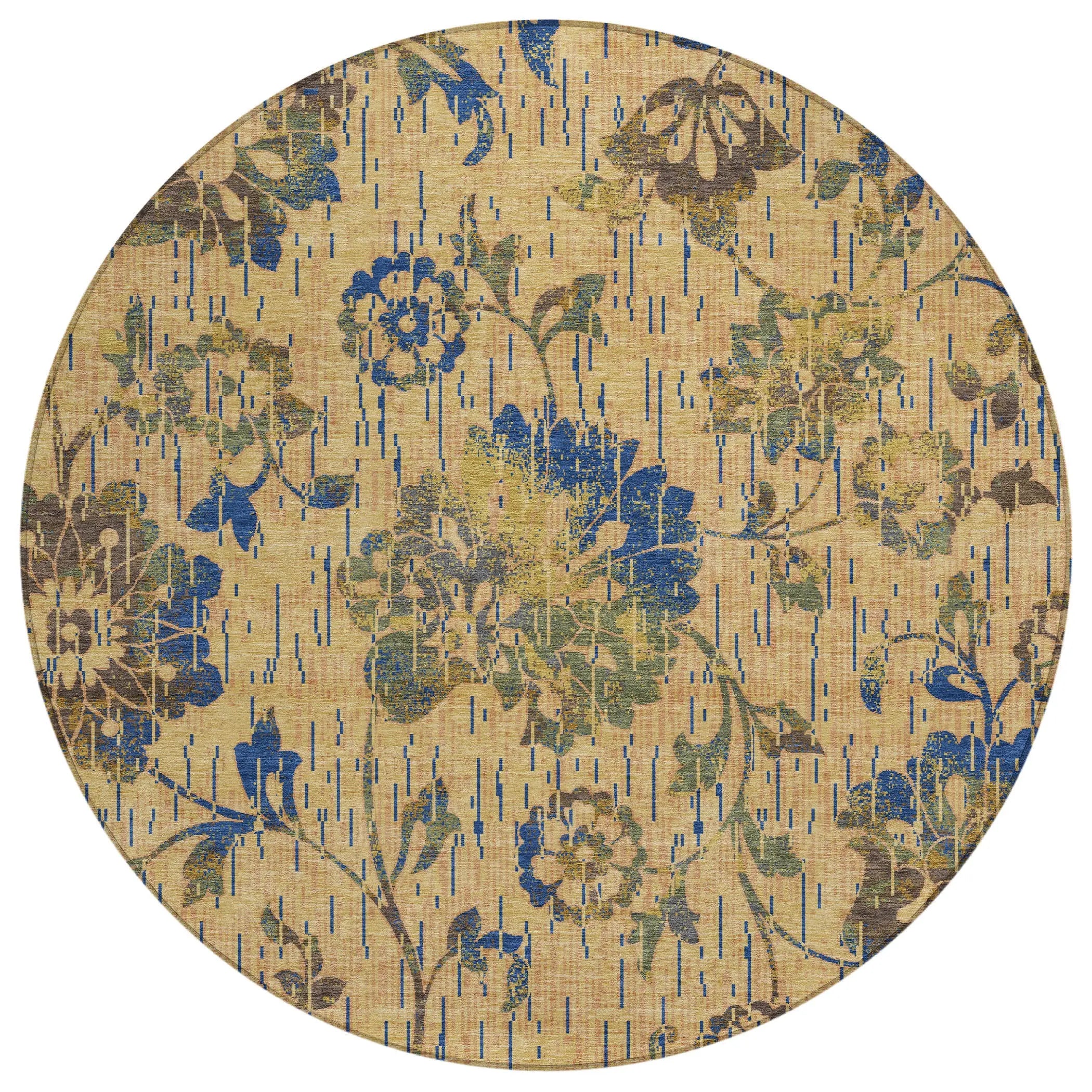 8' Gold And Brown Round Floral Washable Indoor Outdoor Area Rug Homeroots Outdoor