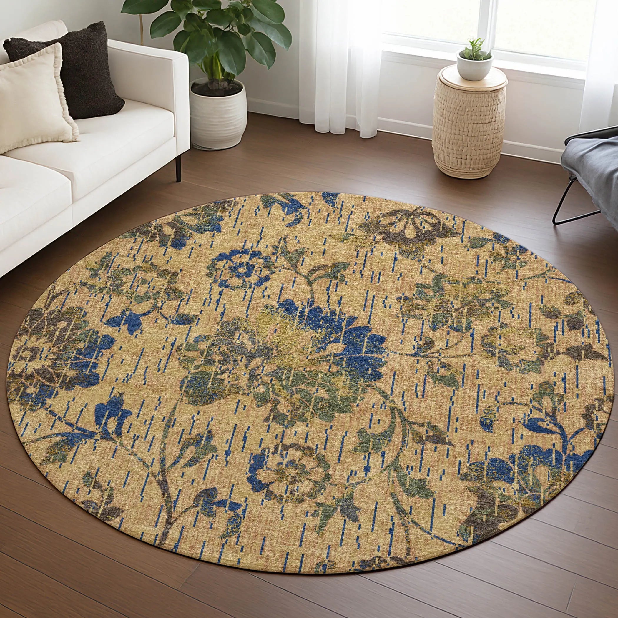 8' Gold And Brown Round Floral Washable Indoor Outdoor Area Rug Homeroots Outdoor