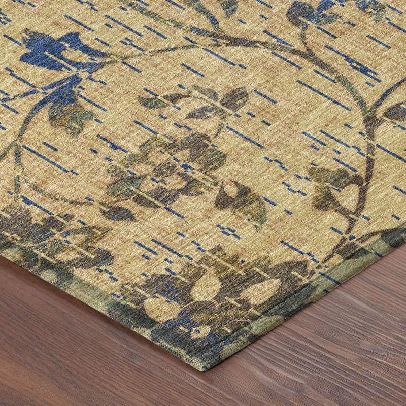 8' Gold And Brown Round Floral Washable Indoor Outdoor Area Rug Homeroots Outdoor