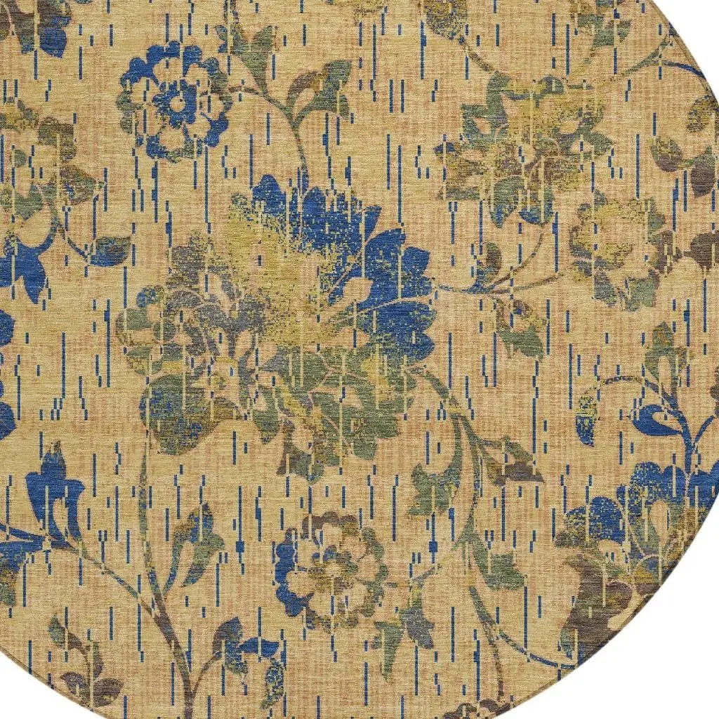 8' Gold And Brown Round Floral Washable Indoor Outdoor Area Rug Homeroots Outdoor